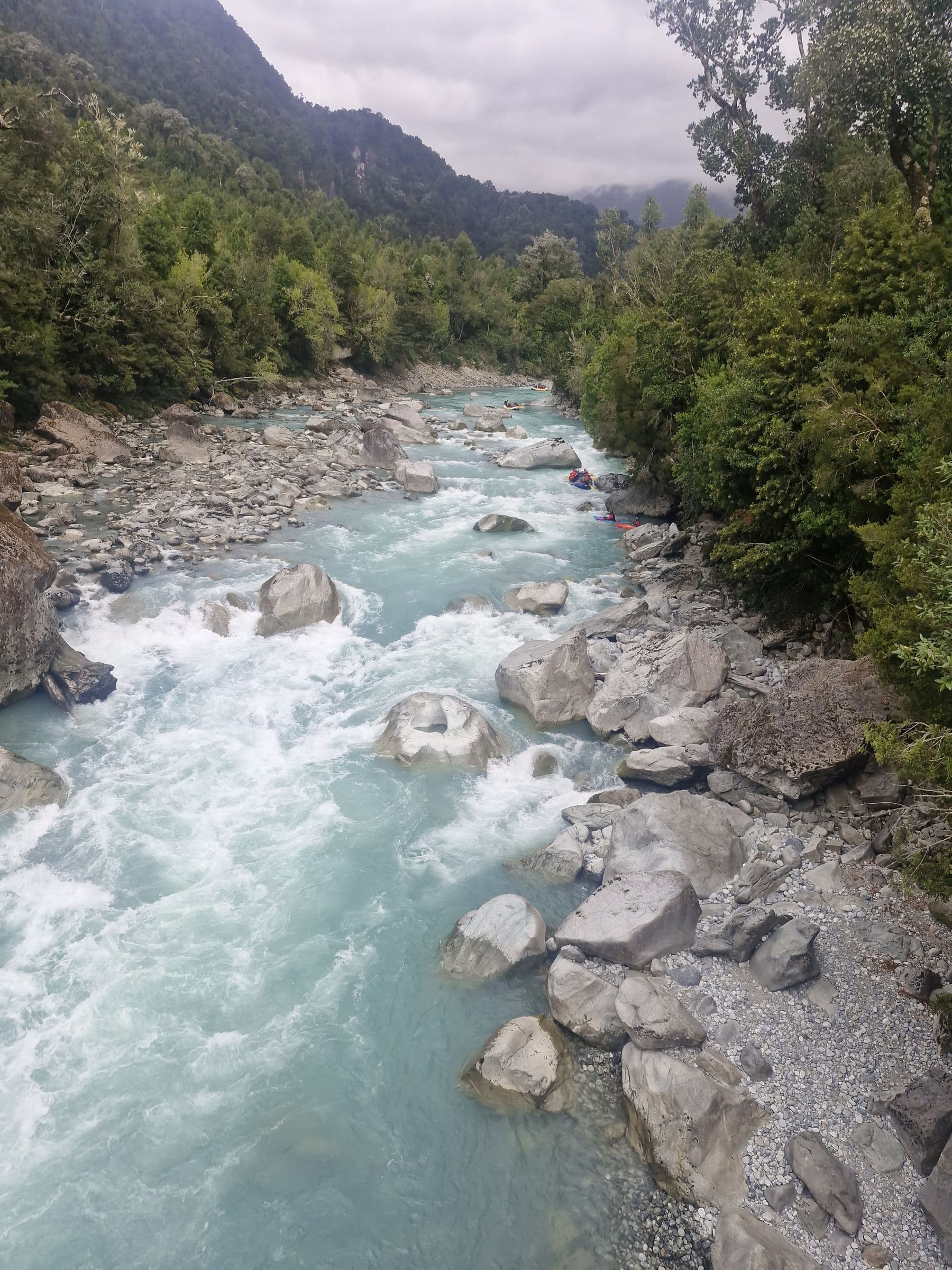 río turquesa con rápidos y bosque nativo