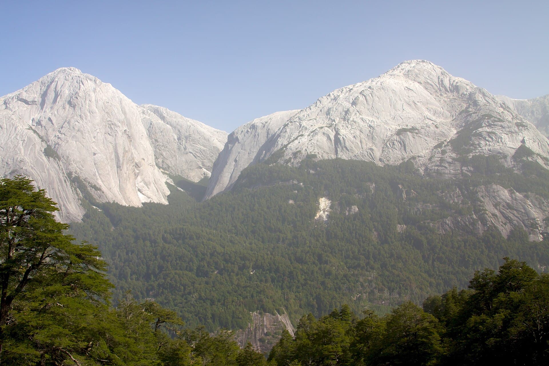 Cumbres de granito blanco del valle de Cochamó sobre el bosque